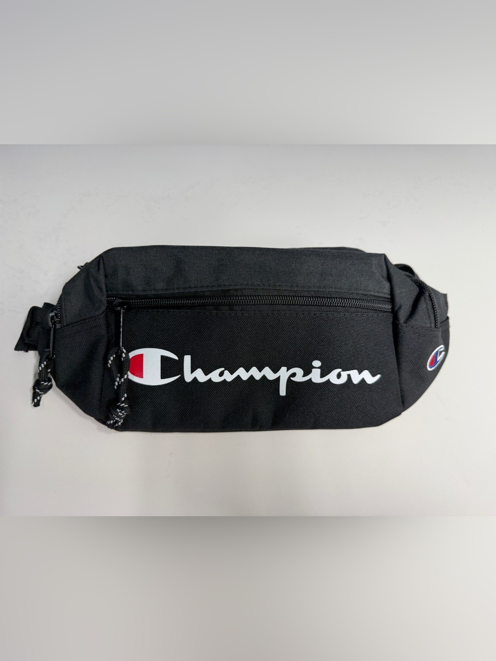 Champion Black Waist Pack with White Logo and Red Accent